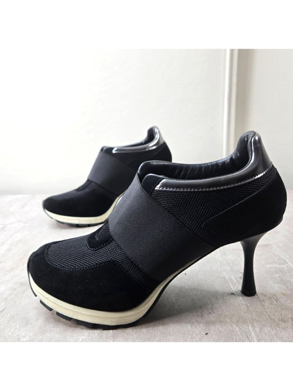 Sneex Icon Hybrid Sneaker Heels 7 Black Suede Mesh High Heeled Shoes Retro Sport